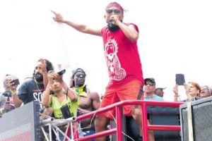 Road March winner Machel Montano performs during Bliss’ presentation of ‘Dolce Vita’ at the Socadrome on Carnival Tuesday.