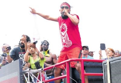 Road March winner Machel Montano performs during Bliss’ presentation of ‘Dolce Vita’ at the Socadrome on Carnival Tuesday.