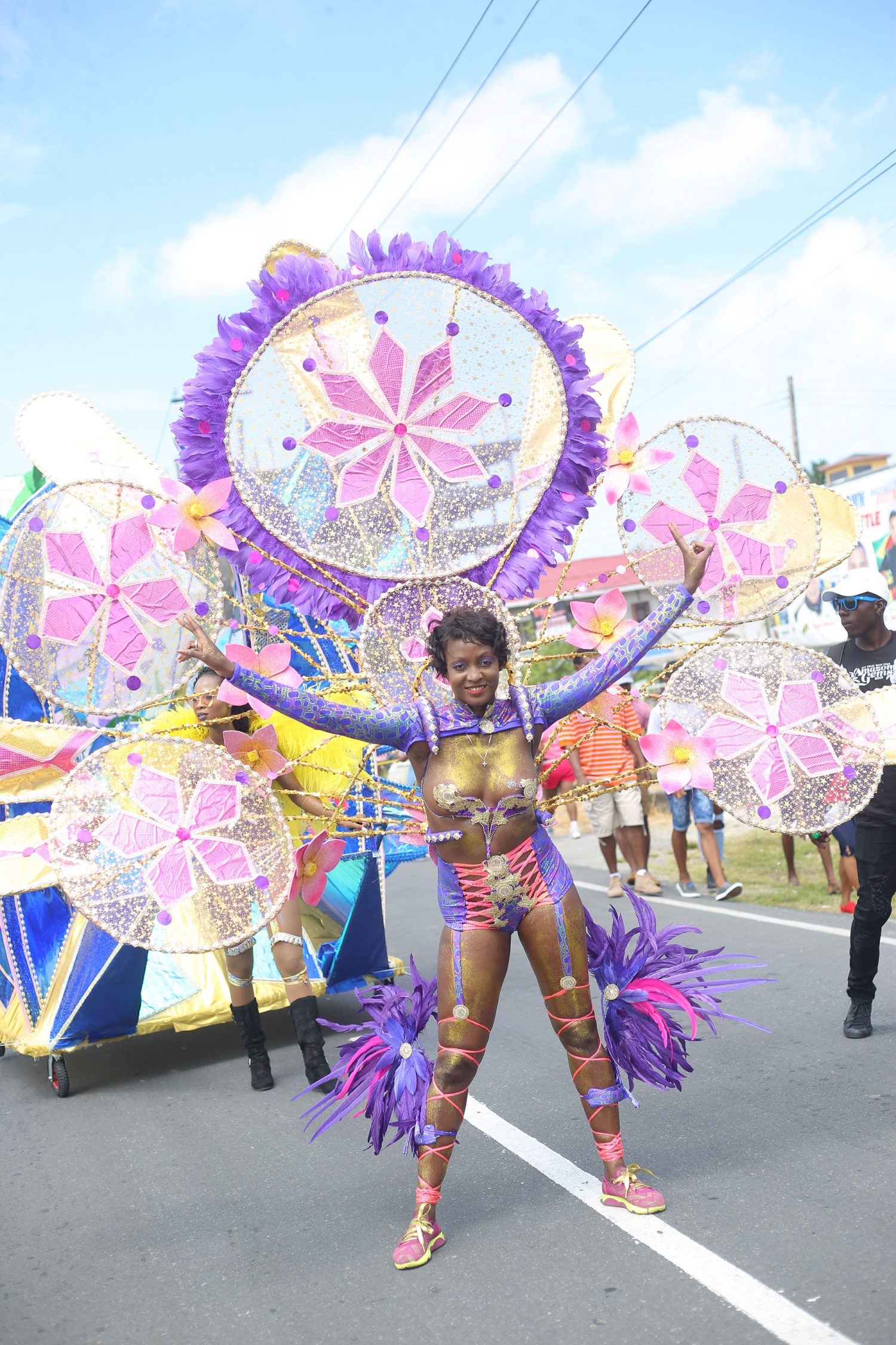Leading the way: One of the queen’s of the GTT Pulse Mash Band, titled “Amazon Gems,” which was among the standouts during the annual Mashramani costume and float parade yesterday. See centre pages for more parade scenes. (Photo by Keno George)   