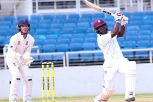 Jahmar Hamilton hits out during his century in the second “Test” at Sabina Park. (Photo courtesy CWI Media)
