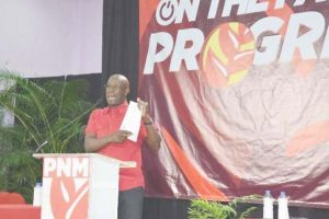 Prime Minister Dr Keith Rowley addresses the audience at a PNM public meeting held at La Horquetta Regional Complex, Majorie Padmore Street Phase 2, La Horquetta. 