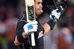 Ross Taylor celebrates reaching three figures.(Reuters photo)