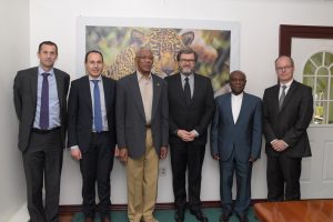 From left: Bruno Courme, Vice President, Exploration Services;  Samir Oumer, New Business Lead Negotiator; President David Granger, Michel Hourcard, President and Chief Executive Officer; Total Exploration and Production Americas; Minister of Foreign Affairs,  Carl Greenidge and Frederic Linsig, Vice President Country Delegate at State House.