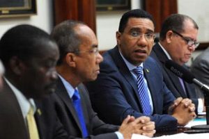 Prime Minister Andrew Holness (third from left) and Cabinet Minister Robert Montague, Dr Horace Chang and Audley Shaw