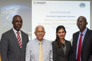 From left to right: Director of the FIU, Matthew Langevine; Chairman of Massy (Guyana) Ltd., Deo Persaud; Group Corporate Legal Advisor, Compliance Officer and Corporate Secretary of Massy (Guyana) Ltd., Yolander Persaud; Head of the Caribbean Development Bank’s ICA Office, Dr. Toussant Boyce. (Massy photo)