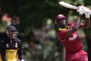 Captain Jason Holder hits out during his unbeaten 99 against PNG on Thursday. (Photo courtesy ICC)