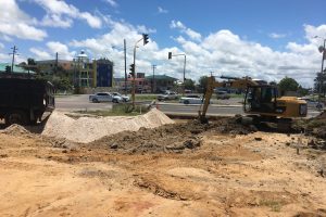 The ongoing construction of the roundabout, as seen from the Seawall, yesterday.