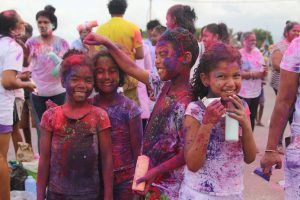  It was a fun day for this bunch of little people as they celebrated the festival of colours at Phagwah celebrations at the Guyana National Stadium