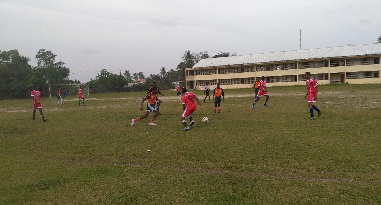 Scene from the New Silvercity and Private Schools Combined clash on March 22nd at the Wisburg Secondary School ground in the Edward Richmond U18 Football Championship. New Silvercity won 10 – 0.