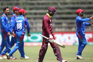 West Indies batsman Marlon Samuels trudges off after being
dismissed in Thursday’s defeat to Afghanistan. (Photo courtesy ICC Media)
