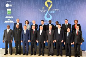 President David Granger is second from left in front row. Brazilian President Michael Temer is at centre in front row. (Ministry of the Presidency photo)
