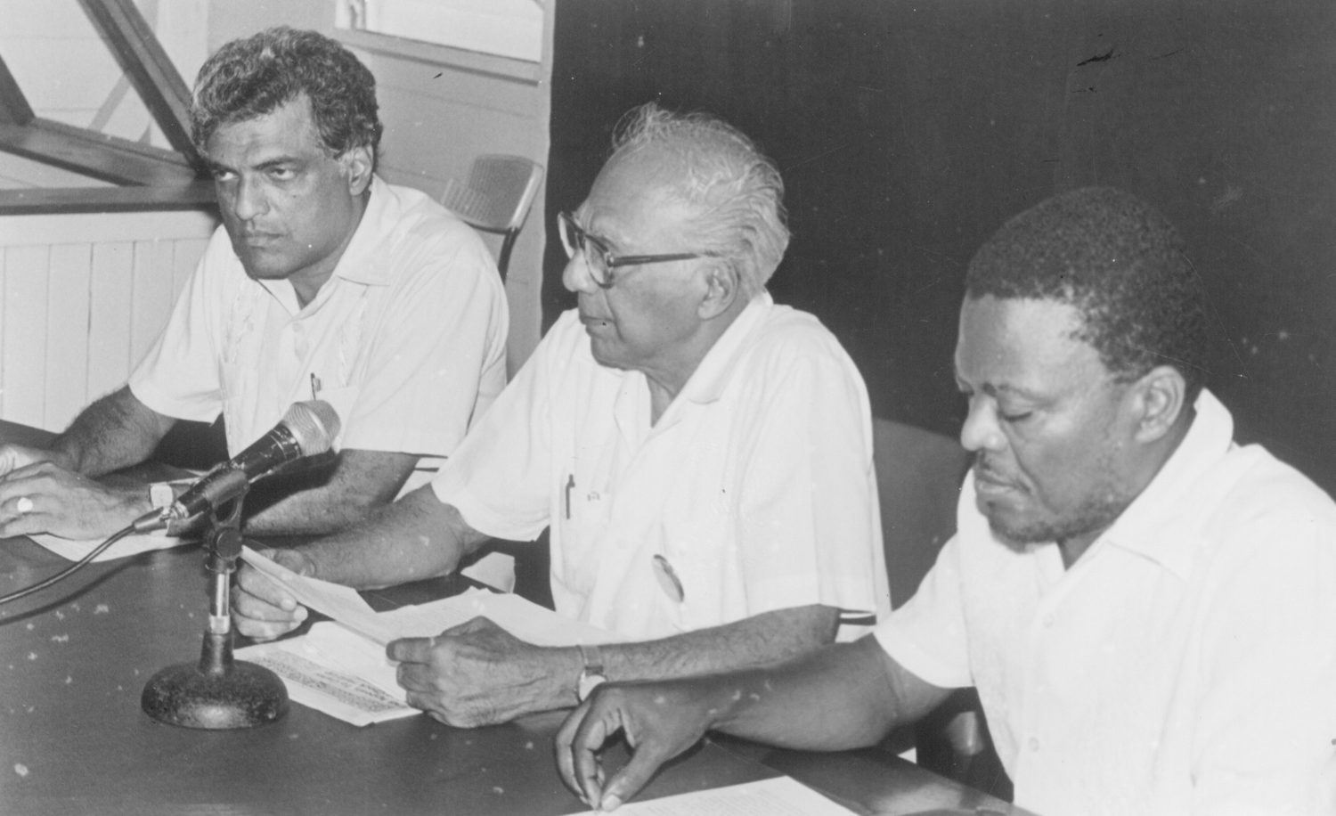 Cheddi Jagan with Reepu Daman Persaud (left) and Prime Ministerial candidate Samuel Hinds, at a press conference prior to the election, 1992