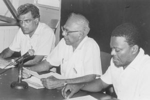 Cheddi Jagan with Reepu Daman Persaud (left) and Prime Ministerial candidate Samuel Hinds, at a press conference prior to the election, 1992