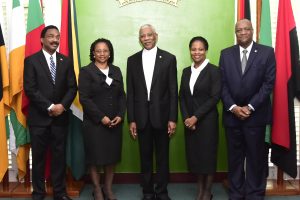 From left are Attorney General, Basil Williams; Acting Chancellor of the Judiciary, Justice Yonette Cummings-Edwards; President David Granger;  Fidela Corbin-Lincoln and Minister of State,  Joseph Harmon after the swearing-in ceremony.  (Ministry of the Presidency photo)