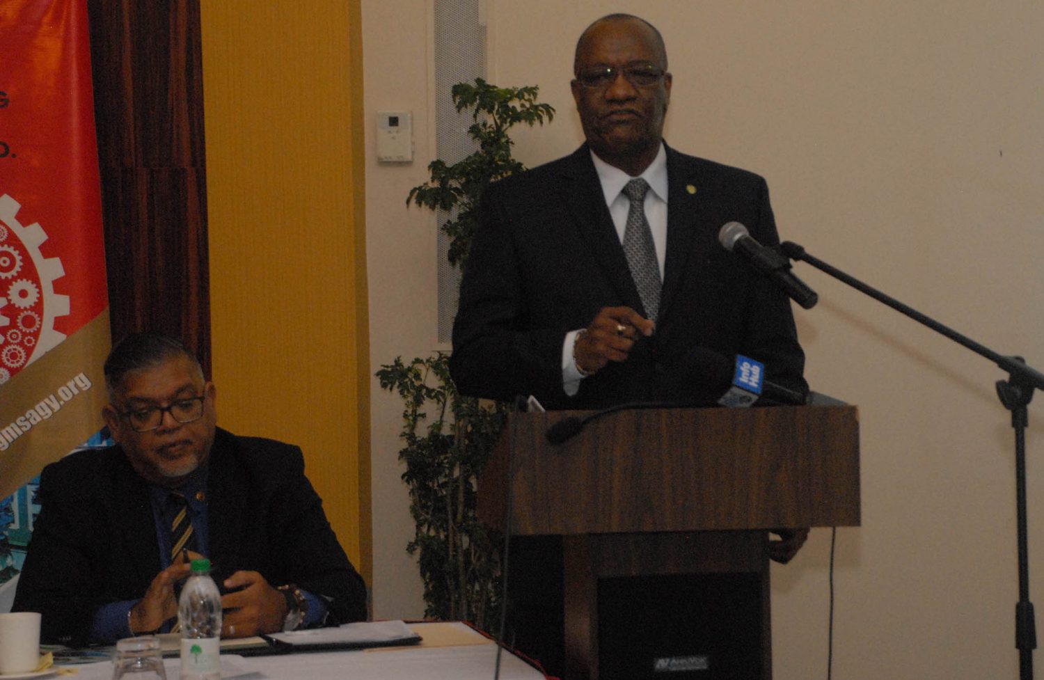 Minister of State Joseph Harmon addressing the GMSA’s Annual General Meeting on Wednesday. Seated next to Minister harmon is GMSA Executive Meneber Ramesh Dookoo