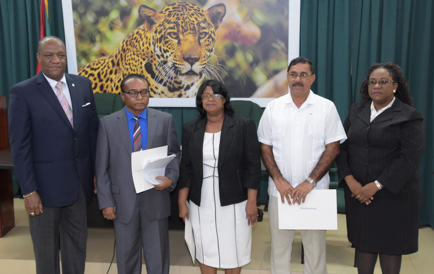Minister of State Joseph Harmon (at left) with Chairman of the Integrity Commission Kumar Doraisami, Commissioners Rosemary Benjamin-Noble and Pandit Rabindranauth Persaud, and Chief Magistrate Ann McLennan. (Ministry of the Presidency photo)
