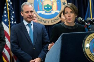 Massachusetts attorney general Maura Healey (right), along with New York’s Eric Schneiderman, has been at the forefront of the climate fraud investigation of Exxon.