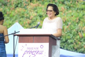 First Lady Sandra Granger delivering the feature address at Saturday’s International Women’s Day Concert and Expo hosted by the High Commission of Canada in collaboration with the Ministry of Social Protection 