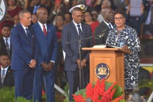 President Paula-Mae Weekes at the rostrum. To her left are outgoing president Anthony Carmona, Prime Minister Dr Keith Rowley and Chief Justice Ivor Archie.