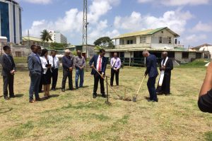 Minister of Business, Dominic Gaskin (right) and Pegasus proprietor, Robert Badal turning the sod for the project.
