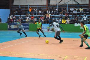Bent Street’s Pernell Schultz on the attack against Channel-9 Warriors during their group match in the Petra Futsal Championship at the National Gymnasium, Mandela Avenue Tuesday night.