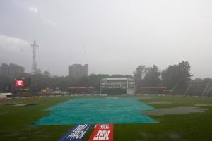 Rain envelopes the Harare Sports Club on Wednesday, prematurely ending the contest between West Indies and Scotland. (Photo courtesy ICC Media)