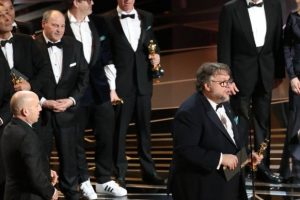“The Shape of Water” won best picture, and Guillermo del Toro (at microphone) won best director for the film 