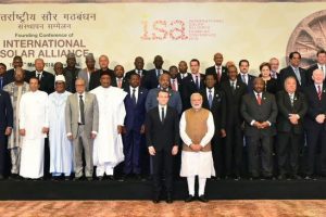 President David Granger is at extreme right in this Ministry of the Presidency photo. Standing at front are Indian Prime Minister Narendra Modi (right) and French President Emmanuel Macron.