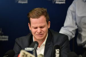 Disgraced Australian Cricket Captain Steve Smith reacts at Sydney International Airport in Sydney, Australia, March 29, 2018. AAP/Brendan Esposito/via REUTERS