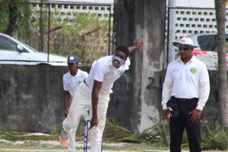 15 – year old off-spinner Dwain Dick during his match winning spell for Demerara against the National Under-17 team (Royston Alkins photo)