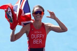 Flora Duffy won gold for Bermuda in the triathlon. (#GC2018 photo)