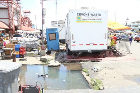 Not healthy: Stagnant water has been in front of the Stabroek public toilet for three days.