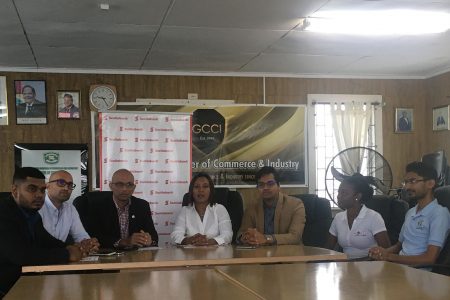 From left are Executive Director of the Georgetown Chamber of Commerce and Industry (GCCI) Richard Rambarran, Vice-President of the GCCI Nicholas Boyer; ActionCOACH Guyana head and member of GCCI Vishnu Doerga, Scotiabank’s Marketing Manager Jennifer Cipriani, the Master Class Institute’s head Rosh Khan and last year’s winner and runner-up, Denisha Victor and Davindra Laltoo, respectively, who were at the launch yesterday. 