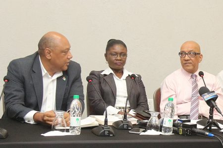 From left are Minister of Natural Resources Raphael Trotman, General Manager of the Guyana Gold Board Eondrene Thompson and Chairman of the Board GHK Lall at yesterday’s press conference. (Terrence Thompson photo)