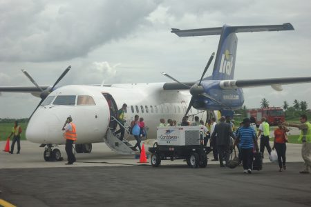 LIAT off loading at the Eugene F. Correia International Airport
