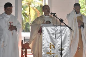 From left are parish priest Fr Pedro Torres (left), South American Provincial Superior Fr Alberto Baratero (centre) and assistant parish priest Fr Martin Mairena (right) at the anniversary mass on Sunday (Photo courtesy of Ministry of Indigenous Peoples’ Affairs)