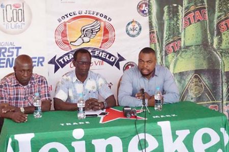 Co-Chairman of the Boyce/Jefford Committee, Edison Jefford makes a point yesterday during the launch of the third staging of the Boyce/Jefford Relay Festival and Family Fun. The third annual fixture will be staged on April 22 at the Police Sports Club Ground, Eve Leary.