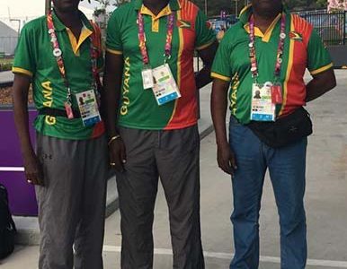From left, Ransford Goodluck, Paul Slowe, manager, and Lennox Braithawite at the Commonwealth Games Village.
