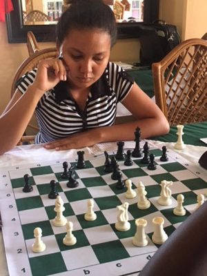 Christ Church Secondary student Nellisha Johnson, 16, in competition at the Windjammer Hotel in Kitty during the National Junior Chess Championship recently. Johnson placed second in the National Women’s Chess Championship last week. She learnt chess in her home village, Orealla.