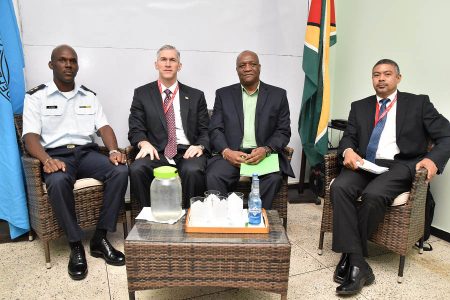 Speakers, from left to right, Acting Director General, Lieutenant Colonel Kester Craig; Country Manager of Esso Exploration and Production Guyana Limited,  Rod Henson; Minister of State,  Joseph Harmon; and Deputy Director of the Petroleum Division,  Nicholas Chuck-A-Sang. (Ministry of the Presidency photo)