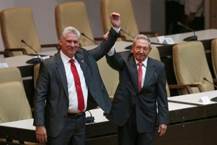 Cuba’s new president, Miguel Diaz-Canel (left) and former President Raul Castro yesterday (Reuters photo)