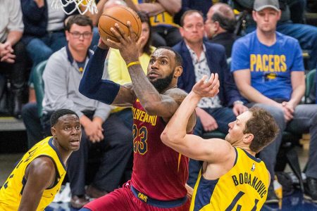 LeBron James goes up for two of his 32 points as the Cleveland Cavaliers evened up their NBA first round series against the Indiana Pacers 2-2.