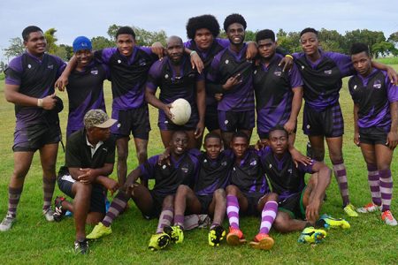 The victorious Panthers Rugby outfit pose for a team photo after defeating a game Police Falcons squad 24-12 in the final of the B Division Rugby Tournament yesterday at the National Park to kick start the local season. (Orlando Charles photo)
