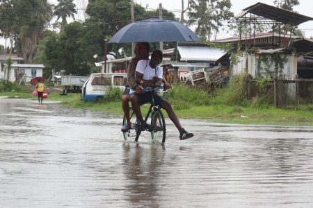This duo was seen pedalling through a flooded street in North Ruimveldt yesterday. (Terrence Thompson photo)
