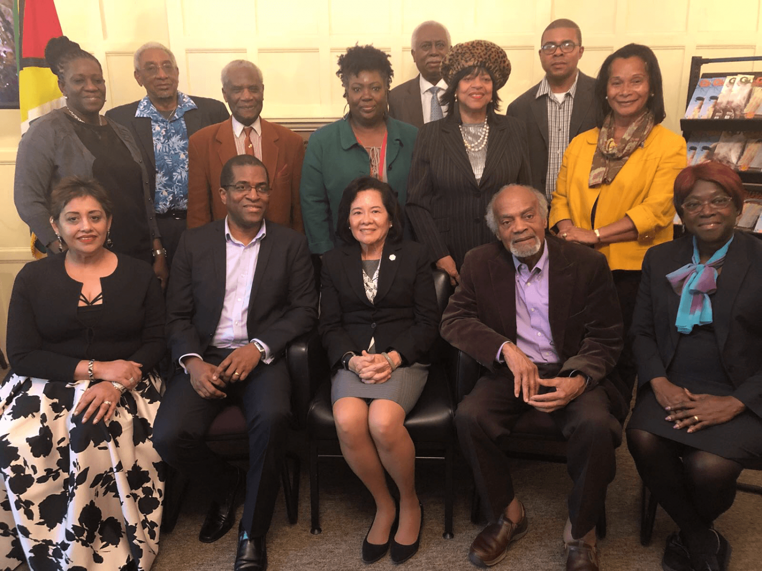 First Lady, Sandra Granger (centre, seated) is flanked by, from left to right, GUSDA Vice Chairperson, Mala Bheem, Chairperson,  Orin Alexander, Patron,  Ram John (Porkpie) Holder and GUSDA Secretary, Coreen Carberry. (Ministry of the Presidency photo)