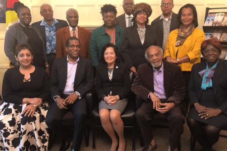 First Lady, Sandra Granger (centre, seated) is flanked by, from left to right, GUSDA Vice Chairperson, Mala Bheem, Chairperson,  Orin Alexander, Patron,  Ram John (Porkpie) Holder and GUSDA Secretary, Coreen Carberry. (Ministry of the Presidency photo)