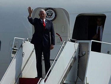 U.S. Vice President Mike Pence arrives at the airport for upcoming Summit of the Americas in Lima, Peru April 13, 2018. REUTERS/Guadalupe Pardo