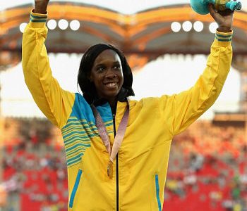 St Lucian high jumper Levern Spencer celebrates her country’s first Commonwealth Games gold. 
