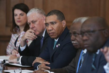 Jamaican Prime Minister Andrew Holness (centre) and other Caribbean representatives during the meeting. (VOA photo)