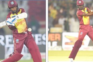 Denesh Ramdin, left and Andre Fletcher helped the West Indies to their highest total in the three match T20 series against Pakistan but their efforts were in vain as the West Indies suffered a whitewash losing the third and final T20 match yesterday. (Photos courtesy ICC Media)
